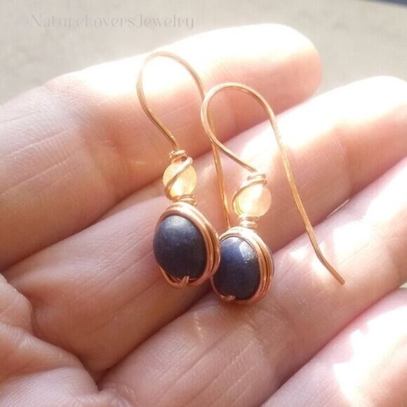 Blue Lapis Lazuli & Honey Agate! Short Wire Wrapped Handmade Dangle Earrings - Picture 1 of 7
